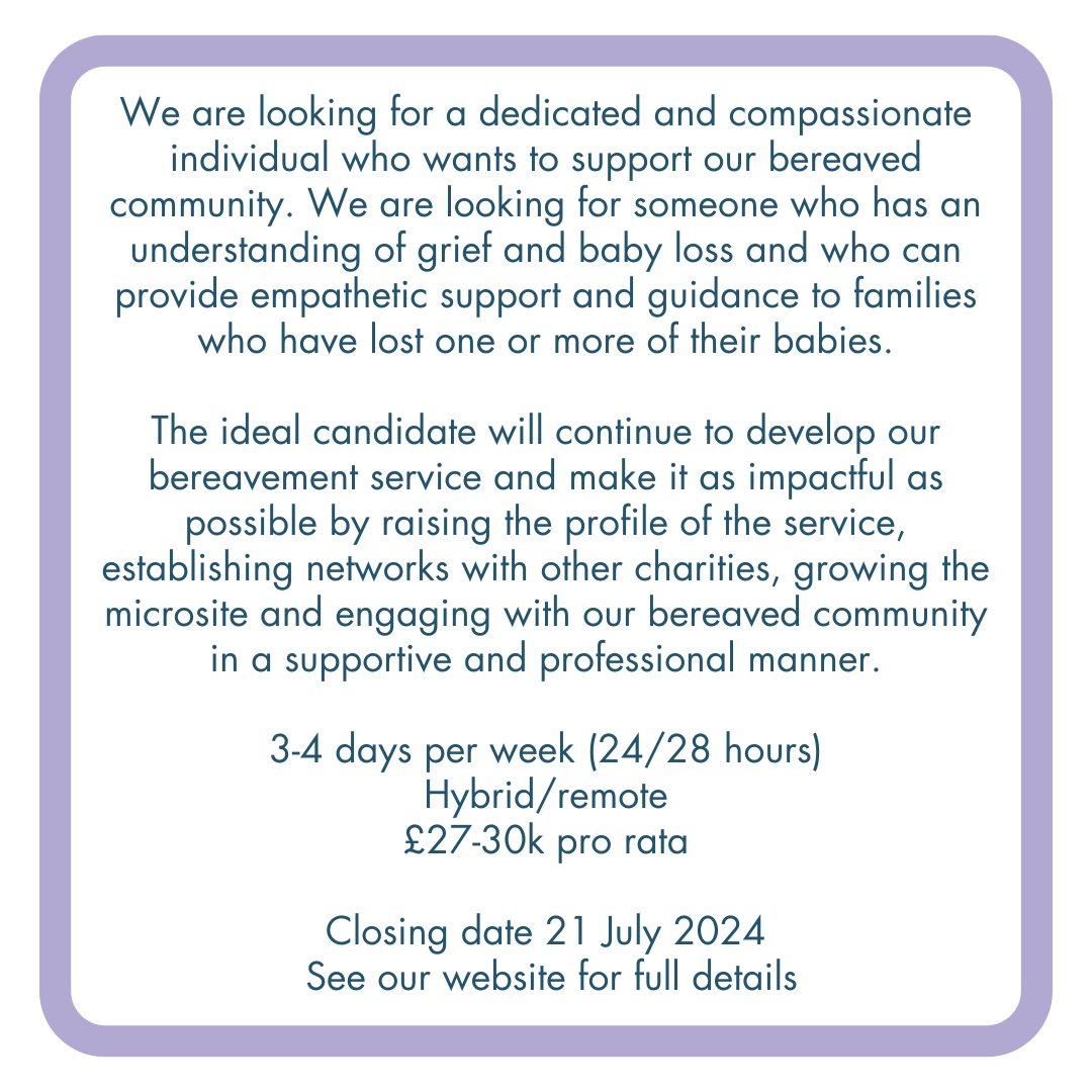We're hiring! 

Here at #TeamTwinsTrust we're looking for a talented Family Services Senior Officer - Bereavement who is dedicated in supporting our bereaved community. 

Find out more ➡️ buff.ly/3bcmKvm 

#WFH #WorkingFromHome #HybridWorking #Hybrid #FlexibleWorking