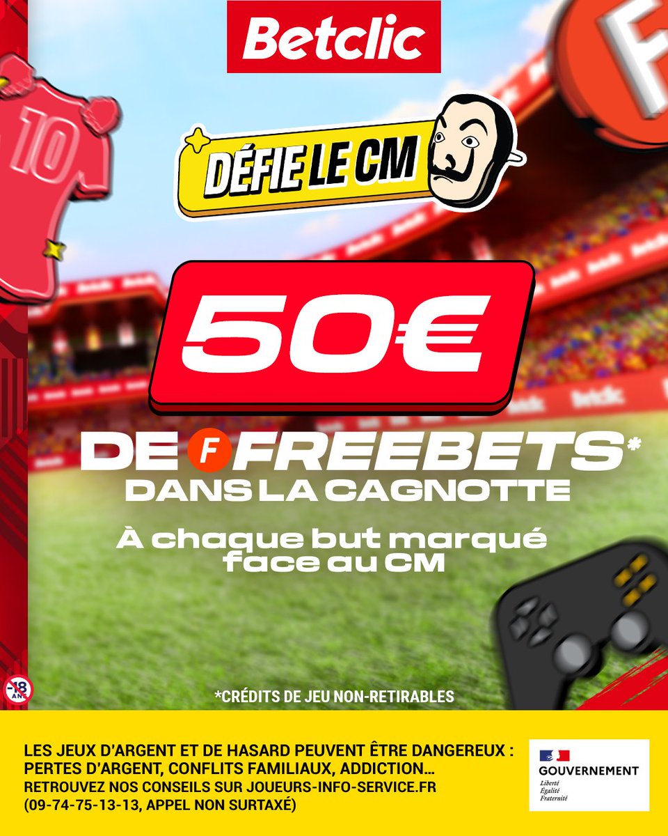 Betclic's tweet image. 🎮 DÉFIE LE CM SUR FC 24 🔥

Tu penses battre le CM ? RDV à 15h pour voir ça 🤝

🤑 100€ de Freebets* si tu gagnes
💰 Une BIG cagnotte avec 50€ de Freebets* ajoutés à chaque but marqué face au CM

Tu veux remporter une part de la cagnotte finale ?  
▶️ RT + #DefieLeCMBetclic