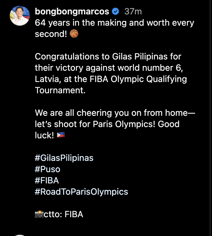 PTVph's tweet photo. LOOK: President Ferdinand R. Marcos Jr. extends his congratulations to Gilas Pilipinas. (📷: Bongbong Marcos/IG) | via Kenneth Paciente https://t.co/fETievKb8I