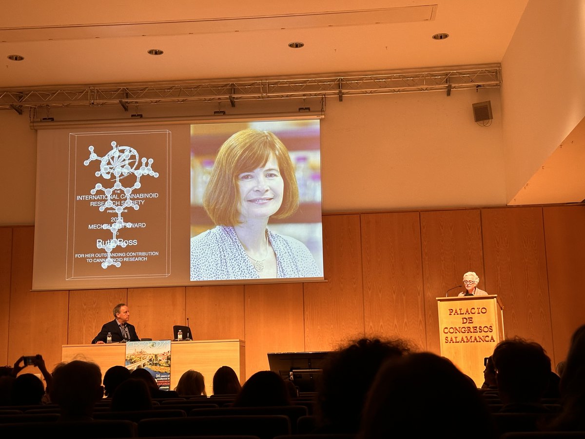 Huge congrats to @RuthARoss11 on the thoroughly deserved Mechoulam Lifetime Achievement Award from <a href="/ICRS_Society/">CannabinoidSociety</a> #ICRS2024! A testament of her humility and achievements, she started her talk with a #FailureCV!