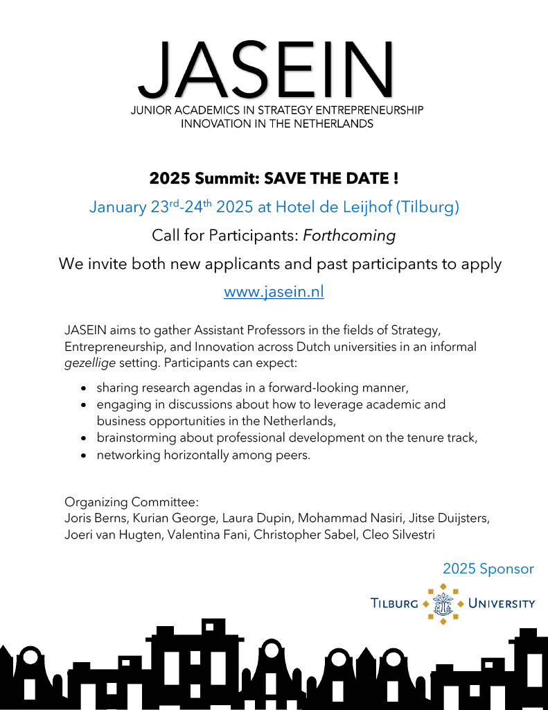 We are excited to announce the 2nd edition of JASEIN, a summit for APs in NL working in the fields of Strategy, Entrepreneurship and Innovation ! #JASEIN2025 will be held at Hotel de Leijhof in the beautiful village of Oisterwijk in Tilburg (Jan 23rd – Jan 24th, 2025).