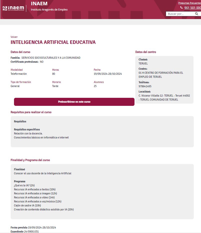 ¡Atención docentes! 📚🤖 #Formación sobre uso de IA en educación, financiada por el Instituto Aragonés de Empleo (<a href="/Inaempleo/">Inaem</a>  ). Aprende a integrar herramientas de IA en tus clases y mejora la enseñanza.  Más info en inaem.aragon.es/cursos-de-form…. 🌐 #RecursosEducativos #Formación #IA