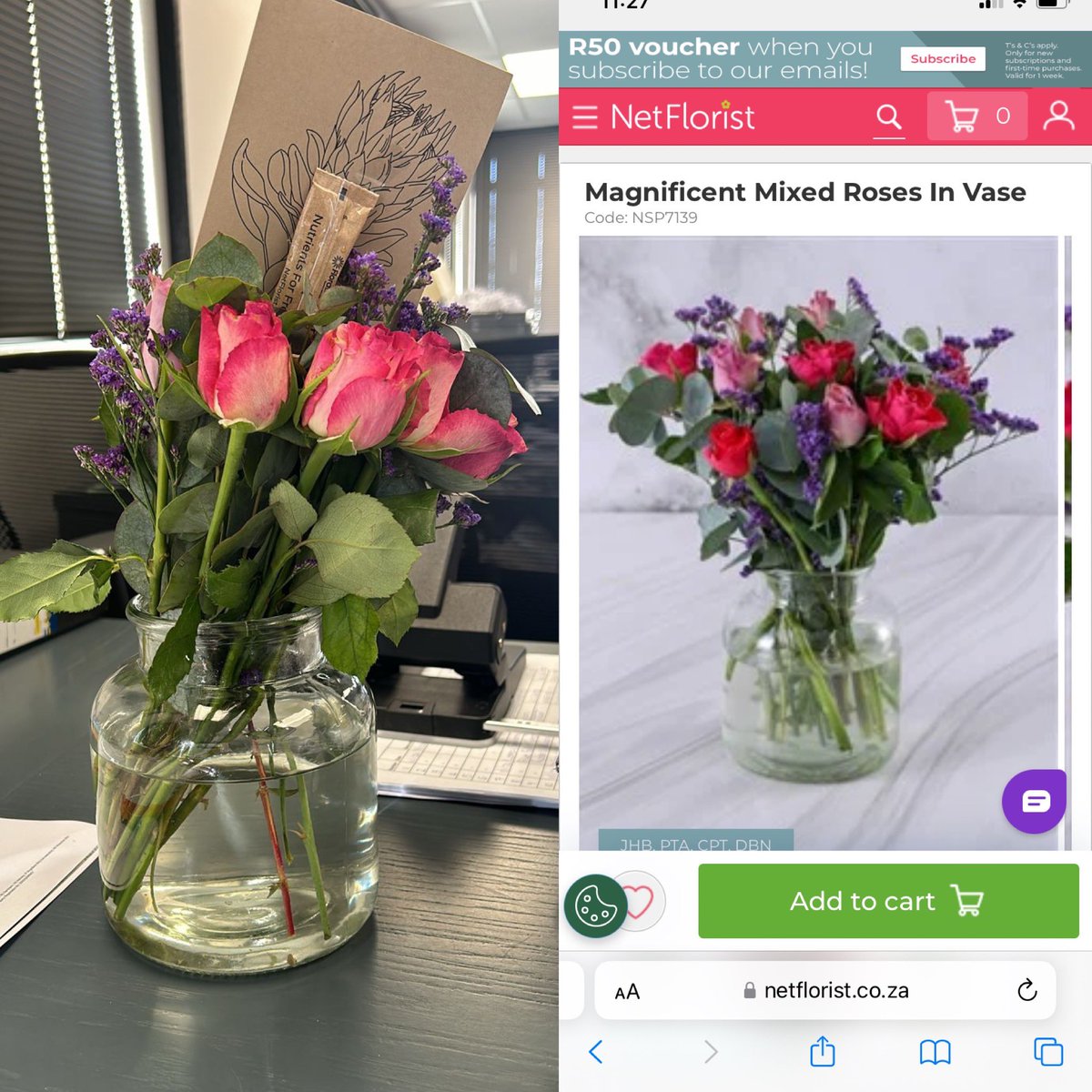 ChristoSmit's tweet photo. @NetFlorist - I ordered the bouquet as on the right, the left is what was delivered. It looks like someone just bundled some flowers in a vase. R499!? https://t.co/tXhaIEPmKJ