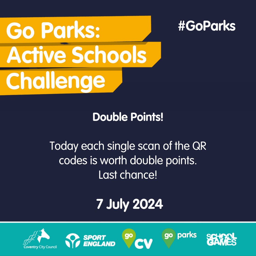 CovSport's tweet image. ❗️LAST DAY – AND DOUBLE POINTS❗️
Today’s the last day of this Active Schools Challenge. ☹  We’ve turned every location on to double points today! It’s your last chance to add to your school’s tally – and your medal collection! #GoParks @SGOCoventryWest @SGOCoventryEast