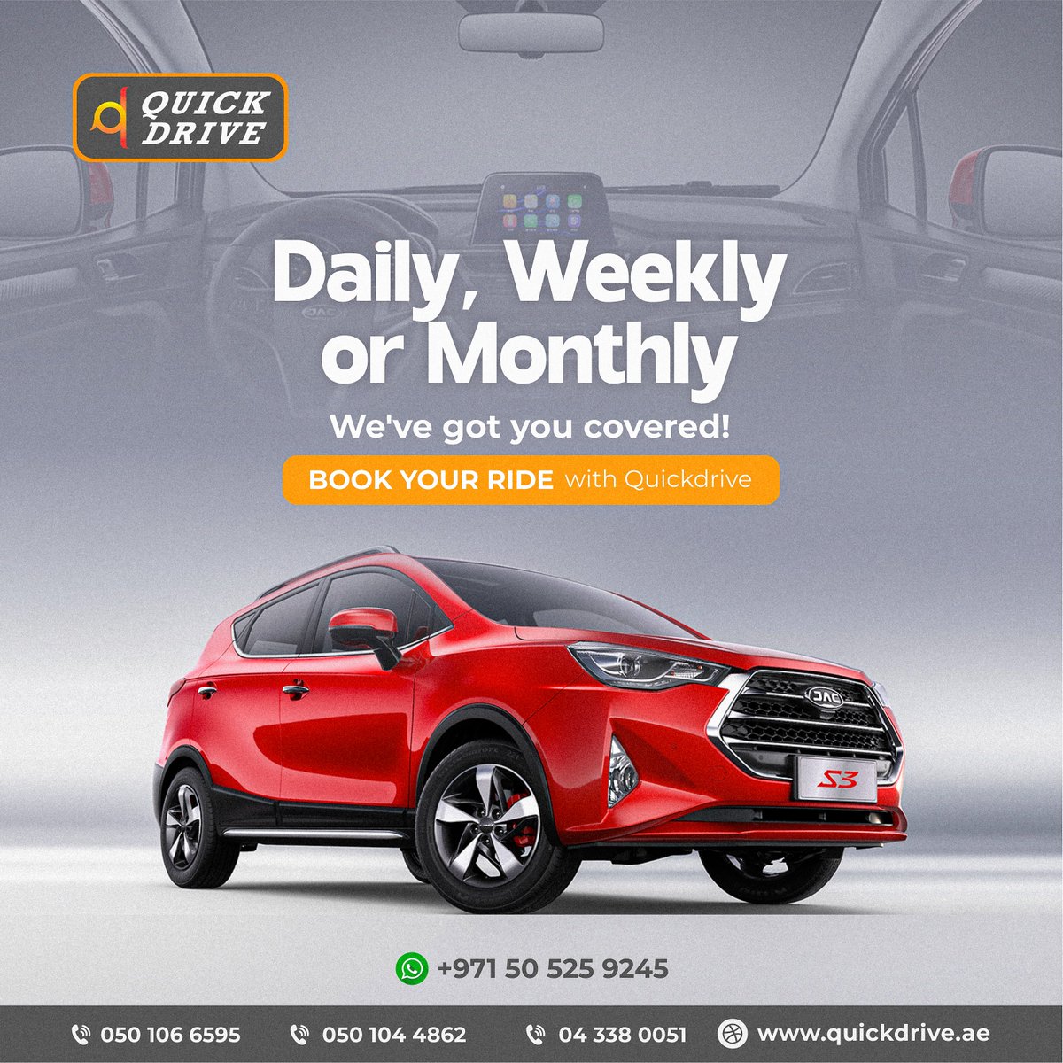 AQuickdrive's tweet image. Need a car for a day, a week, or a month? Look no further! Rent with us and choose the hire period that suits you best.

Call or WhatsApp
+971505259245

Visit: quickdrive.ae

#QuickDrive #RentalCars #ConvenientTravel #HassleFree #EasyBooking #QualityService #BookNow