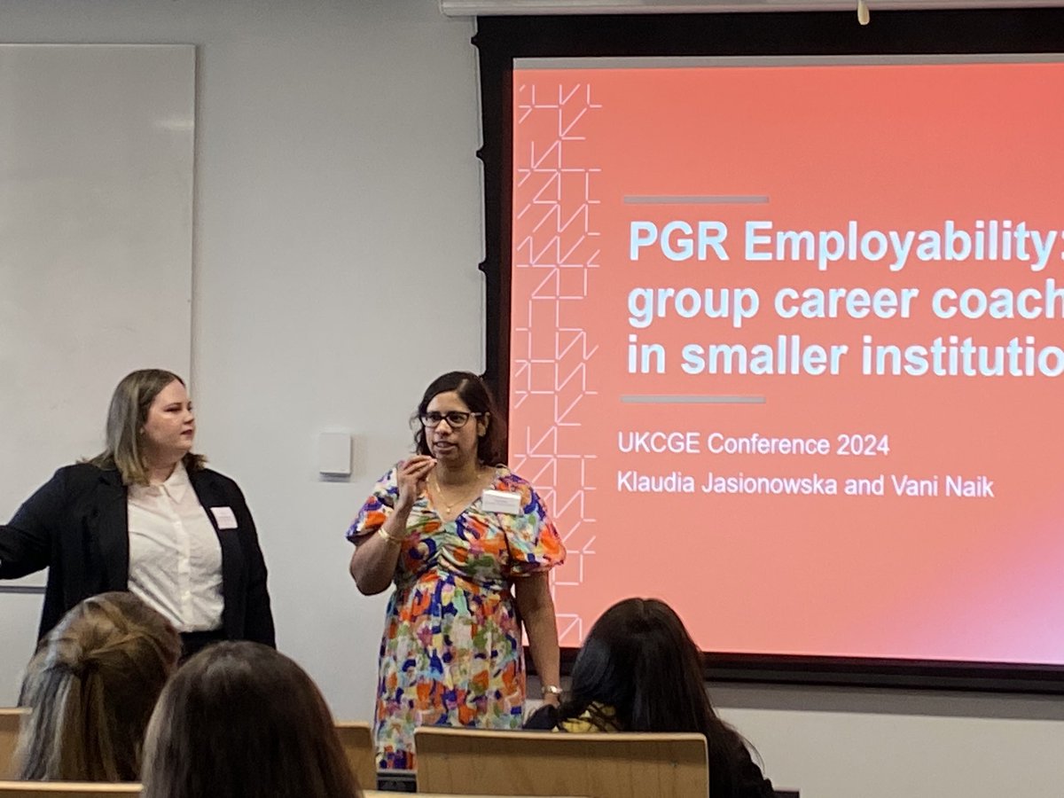 Great presentation from <a href="/VaniNaik7/">Vani Naik (she/her)</a> and @K_Jasionowska from <a href="/EdinburghNapier/">Edinburgh Napier University</a> on PGR Employability and group career coaching. “We wanted to build community and for them to have space to share their fears and worries about finding a job.” #UKCGEAC