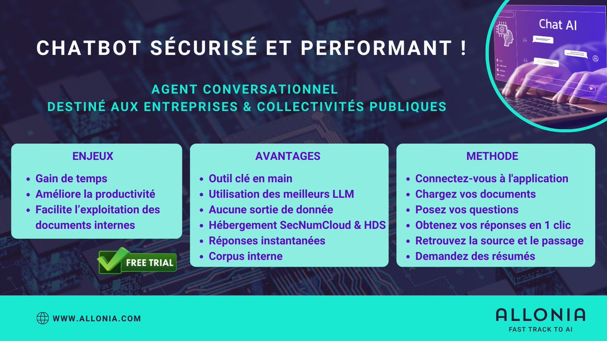 AlloniaIA's tweet photo. 𝐏𝐨𝐮𝐫𝐪𝐮𝐨𝐢 𝐮𝐭𝐢𝐥𝐢𝐬𝐞𝐫 𝐮𝐧 𝐜𝐡𝐚𝐭𝐛𝐨𝐭 ? 
Quels sont les enjeux et les avantages du chatbot ALLONIA ?  
👉https://t.co/2xFL9ARQ2J
𝐀𝐥𝐨𝐫𝐬 𝐨𝐧 𝐯𝐨𝐮𝐬 𝐞𝐦𝐛𝐚𝐫𝐪𝐮𝐞 ?  https://t.co/UZgAn5i0by
 
#chatbot #chatsecure #salariés #IAgenerative https://t.co/QvM6d2u8MC