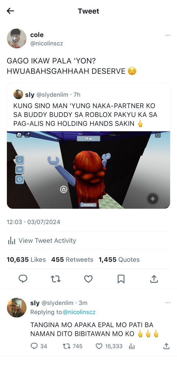 forsoulliesnk's tweet image. buddy buddy
a #sunki few tweets au

wherein, slyd (ksn) tried to play buddy buddy on roblox that he saw on tiktok, pero hindi niya alam na ang ex niyang si cole (nrk) ang makaka-partner niya.