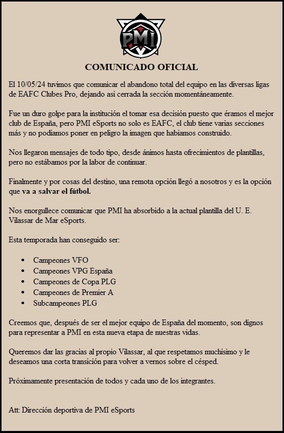 🚨 𝐂𝐎𝐌𝐔𝐍𝐈𝐂𝐀𝐃𝐎 𝐎𝐅𝐈𝐂𝐈𝐀𝐋 🚨

EAFC - CLUBES PRO