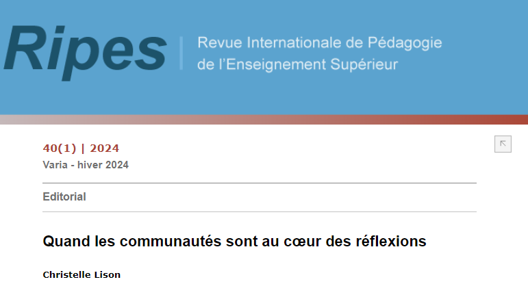 BertrandMocquet's tweet photo. Christelle Lison, « Quand les communautés sont au cœur des réflexions », Revue internationale de pédagogie de l’enseignement supérieur #RIPES [En ligne], 40(1) | 2024, URL : https://t.co/SgcQhsAT3s https://t.co/oDZN1Qy6Mf