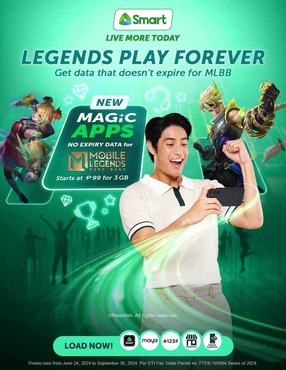 LiveSmart's tweet photo. When you load Smart’s NEW Magic Apps, the game never ends with NO EXPIRY DATA for Mobile Legends!
Starts at ₱99 for 3GB. Load now via the Smart App: https://t.co/kVqNEF2FX4
#LiveForRealWithSmart
ASC Ref. No S0269P070224S https://t.co/rY0kuzoIRt
