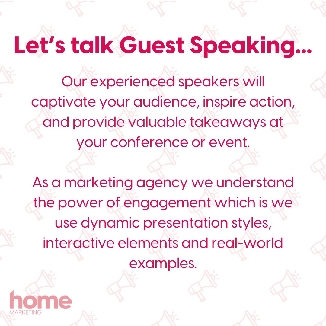 Did you know that we offer guest speaking as one of our services? 🗣️ 

We are experienced in many industries including marketing and housing.
​
We work with you to understand your goals and deliver something tailored to your objectives! 

Find out more 😊: marketingbyhome.com/guest-speaking