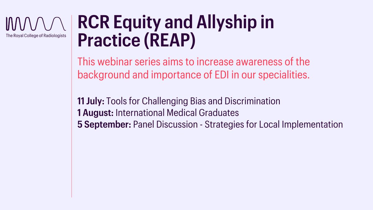 The Royal College of Radiologists (@rcradiologists) on Twitter photo Our next REAP webinar is taking place on 11 July!
▶️ <a href="/drqaisermalik/">Qaisermalik</a>, our Medical Director for Membership & Business, looks at facilitating psychological safety at work
▶️ Dr Katy Clarke gives us a trainer’s perspective on empowering trainees.
Register: rcr.ac.uk/cpd-and-events… Our next REAP webinar is taking place on 11 July!
▶️ <a href="/drqaisermalik/">Qaisermalik</a>, our Medical Director for Membership & Business, looks at facilitating psychological safety at work
▶️ Dr Katy Clarke gives us a trainer’s perspective on empowering trainees.
Register: rcr.ac.uk/cpd-and-events…