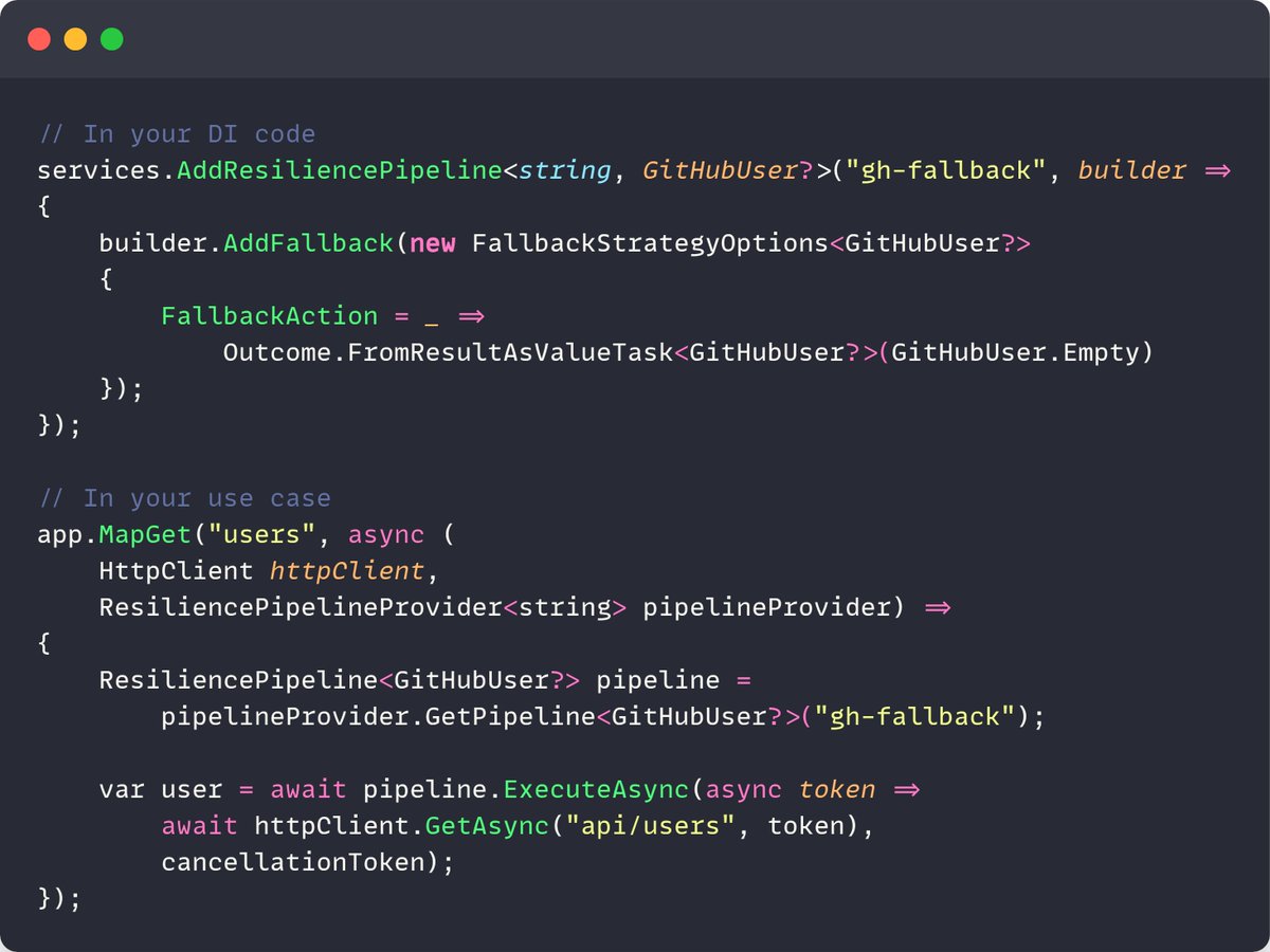 mjovanovictech's tweet photo. Resilience pipelines + DI in .NET? It's possible.

You can register your resilience pipeline with DI using a unique key and your pipeline setup.

You will use this key to resolve a pipeline instance from the ResiliencePipelineProvider. https://t.co/siA6AB0z4Q