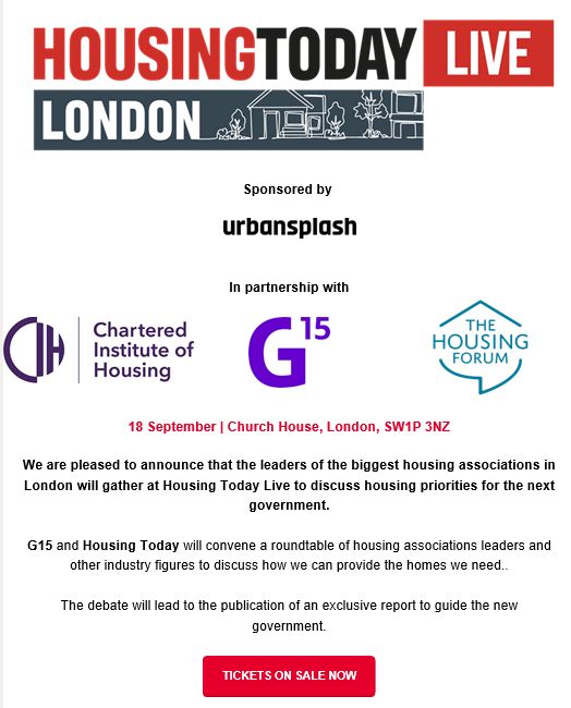 Excited about this!
The leaders of the largest HAs in London will gather at Housing Today Live in September to discuss housing priorities for the new government. <a href="/G15London/">The G15</a> and <a href="/housing_today/">Housing Today</a> will produce a report for policymakers 
More here 
👉housingtoday.co.uk/events/housing…