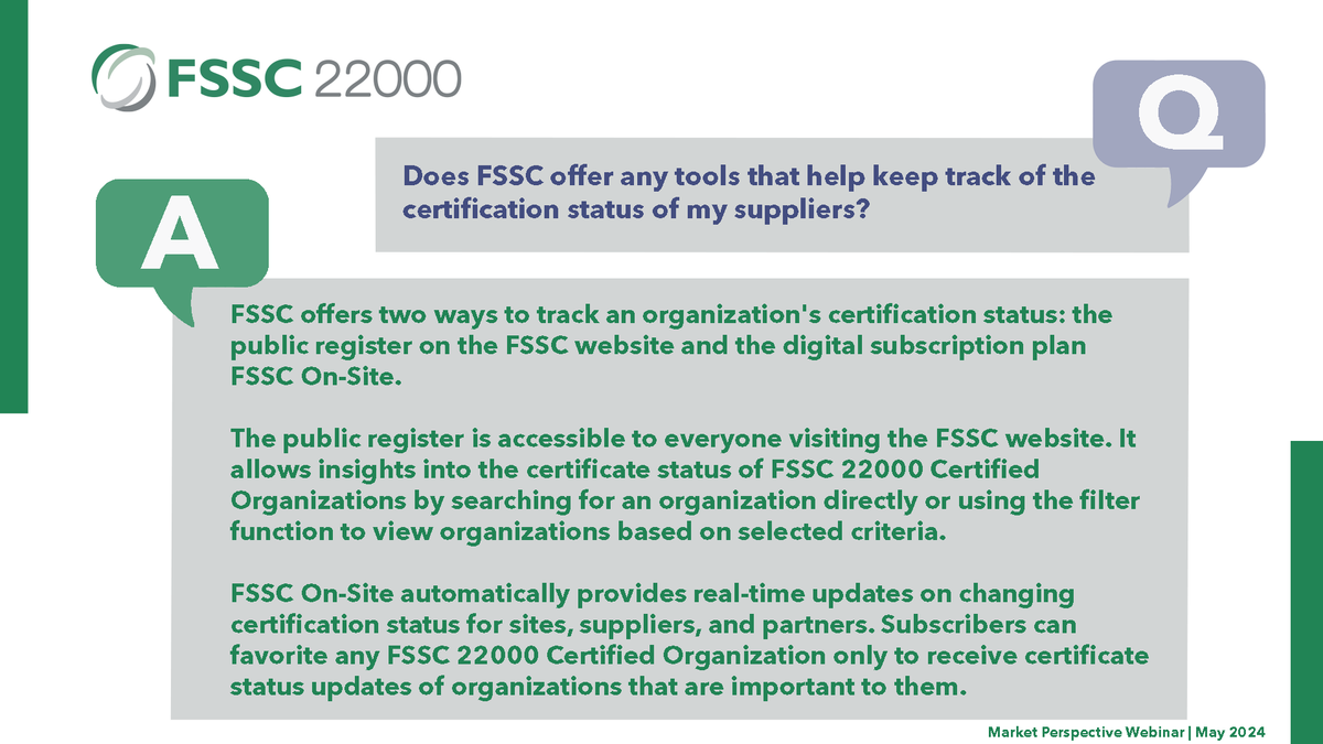 Track the #FSSC22000 #certification status of your #suppliers with the #FSSC public register for a free, manual search. Or use FSSC On-Site for real-time auto updates and API integration.

Learn more:
FSSC On-Site: lnkd.in/egKytzsC
Public Register: fssc.com/public-registe…