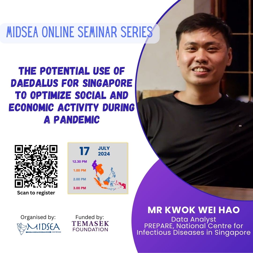 sshsphmidsea's tweet photo. Please join us at our next #SSHSPHMIDSEA online seminar where Mr Kwok Wei Hao will share more about The potential use of DAEDALUS for Singapore to optimize social and economic activity during a pandemic on 17 July 2pm SGT. Please register at https://t.co/6GntvMQHKA https://t.co/D8RhQw9LoB