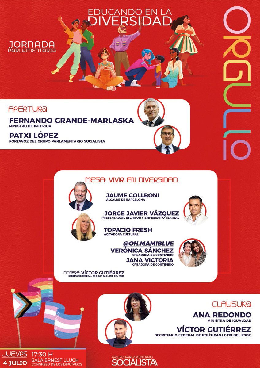 Os esperamos hoy en la jornada con motivo del Orgullo en el Congreso de los Diputados 🏛️🏳️‍🌈

🗣️Inauguración de Patxi López y el ministro Marlaska

💬Mesa con Jorge Javier Vázquez, Topacio Fresh, Oh Mami Blue y Jaume Collboni

🗣️Cierre a cargo de la ministra Ana Redondo y servidor