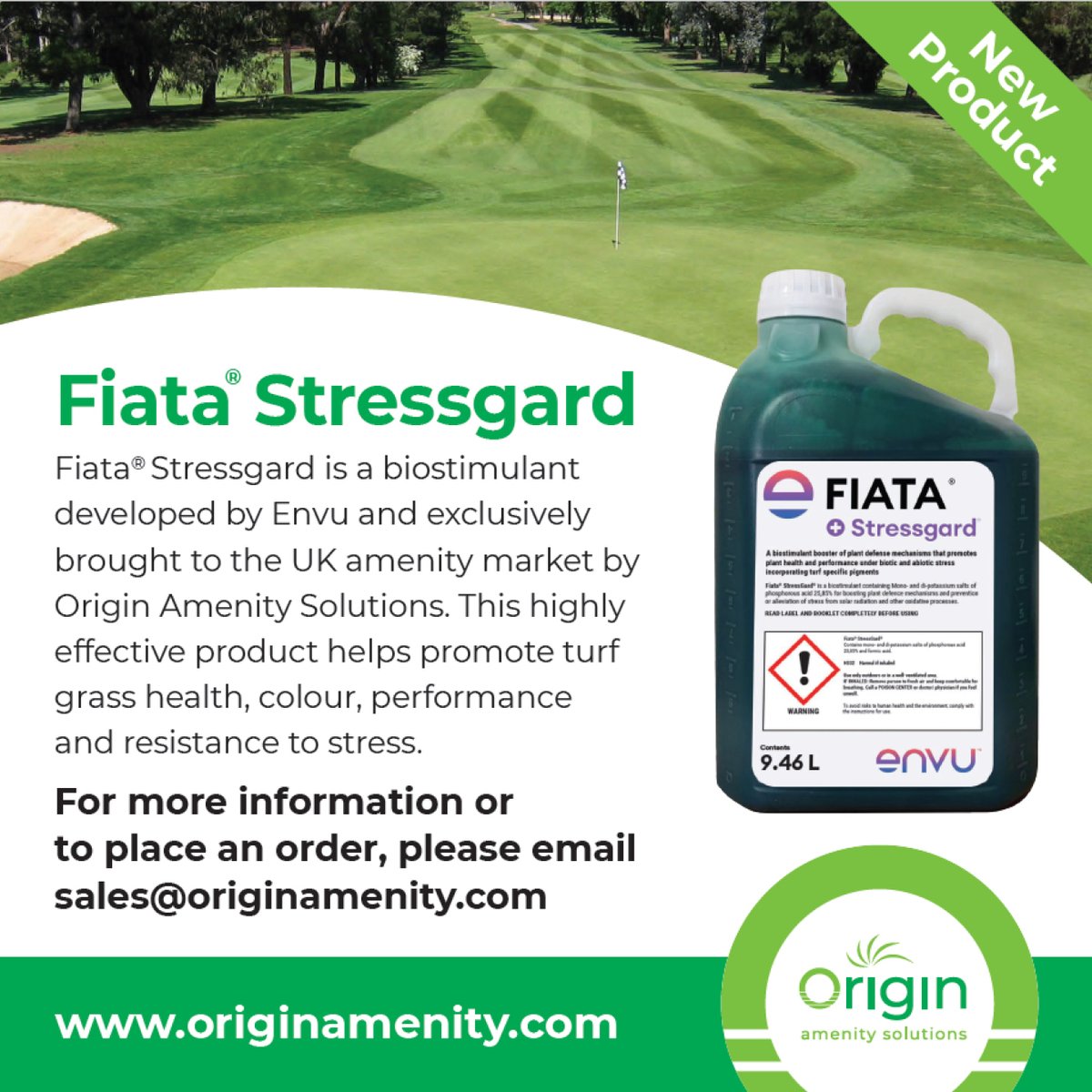 In case you missed it, we are the proud sole UK distributor of the brand new Fiata® Stressgard!

This innovative #biostimulant offers a variety of benefits ranging from improved turf quality to instant colour boosts and increased wear tolerance.

If you would like to learn more