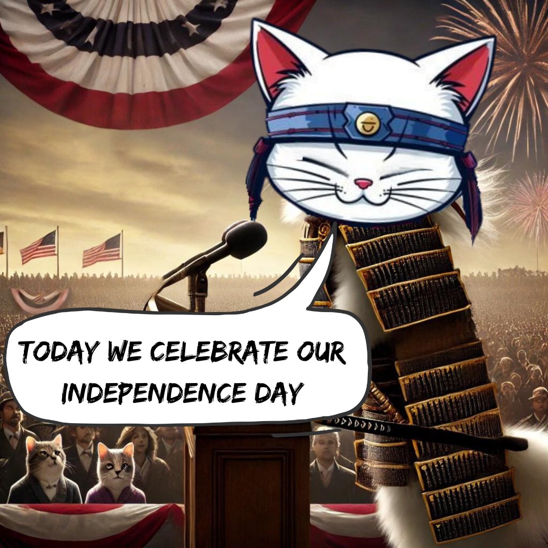 Neko_onbase's tweet photo. BREAKING NEWS:JULY 4th

Today, we celebrate our #IndependenceDay! 🐱🎇
 
Our $NEKO cat warrior declares: 

'We will not go quietly into the night! We will not vanish without a fight! We're going to live on! We're going to survive!' 

#EpicSpeech #Caturday #memecoins https://t.co/DzMboXJoch
