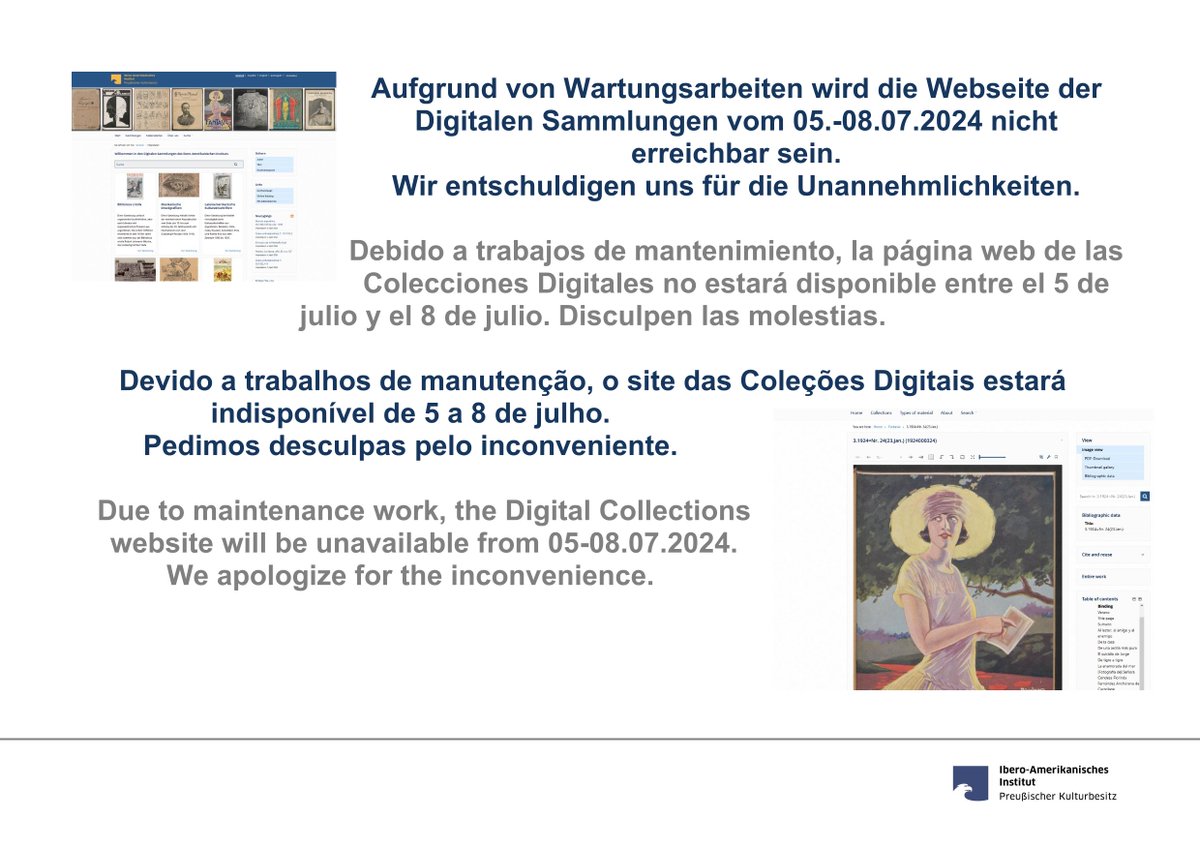 Wartungsarbeiten - Digitale Sammlungen🔧
Trabajos de mantenimiento - Colecciones Digitales🔧
Trabalhos de manutenção - Coleções Digitais🔧
Maintenance work - Digital Collections 🔧