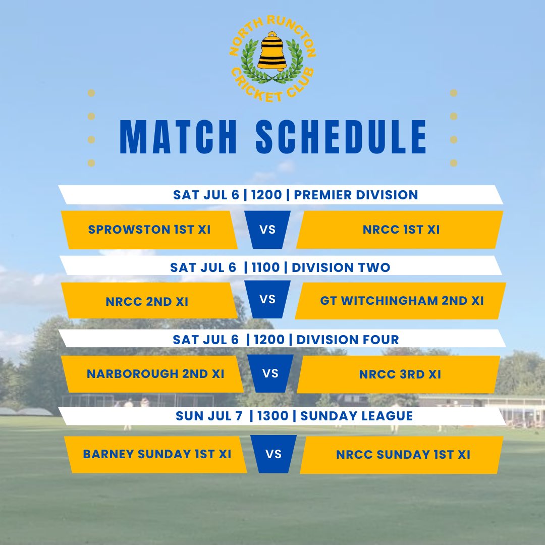 North Runcton CC (@northrunctoncc) on Twitter photo Week 10 fixtures 🏏
1s away vs <a href="/SprowstonCC/">Sprowston CC</a> at 1200
2s at home to <a href="/GtWitchinghamCC/">Great Witchingham CC</a> with an earlier start at 1100
3s away vs <a href="/narborocricket1/">Narborough Cricket </a> at 1200
Our U15s host <a href="/DenverCricket/">Denver Cricket Club</a> at 1800 on Friday and the Sunday XI take on <a href="/BarneyCc2/">Barney_Cc</a>
Bar open! 🍺
Go well all! 💪
<a href="/AllenTomasCo/">Allen Tomas & Co Financial Management</a> Week 10 fixtures 🏏
1s away vs <a href="/SprowstonCC/">Sprowston CC</a> at 1200
2s at home to <a href="/GtWitchinghamCC/">Great Witchingham CC</a> with an earlier start at 1100
3s away vs <a href="/narborocricket1/">Narborough Cricket </a> at 1200
Our U15s host <a href="/DenverCricket/">Denver Cricket Club</a> at 1800 on Friday and the Sunday XI take on <a href="/BarneyCc2/">Barney_Cc</a>
Bar open! 🍺
Go well all! 💪
<a href="/AllenTomasCo/">Allen Tomas & Co Financial Management</a>