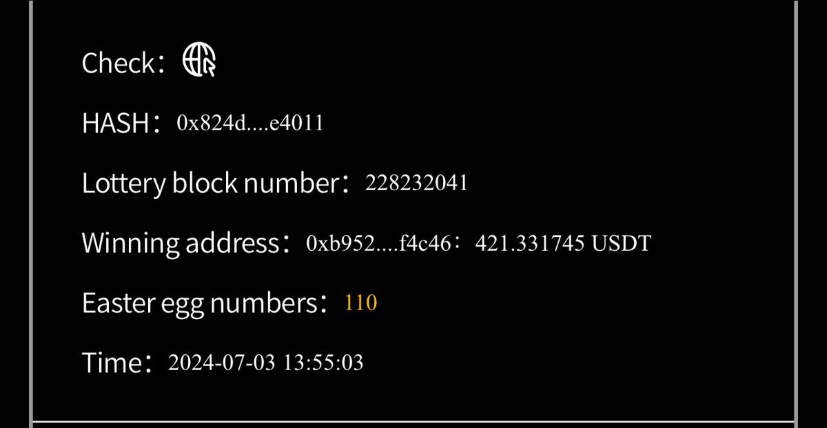 HUOYDGlobal's tweet photo. 🎉 Congratulations to the lucky winner of 421.331745 USDT! 🏆

Check out the details:
Winning Address: 0xb952....f4c46
Easter Egg Number: 110
Lottery Block Number: 228232041
Keep participating and you could be next! 
🚀 #HUOYD #CryptoLottery https://t.co/qFSGh0426F