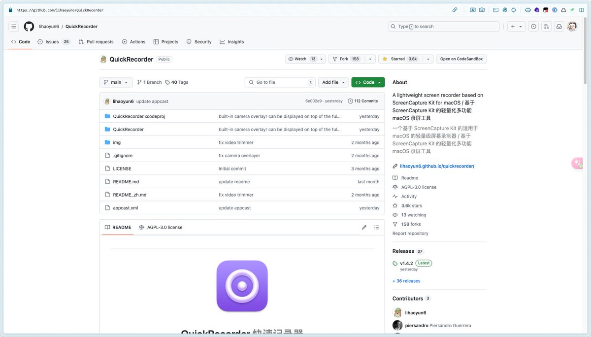 KazooTTT's tweet image. QuickRecorder - 屏幕录像工具

地址：lihaoyun6.github.io/quickrecorder/

#开源软件 #软件推荐 #录屏软件

亮点：

- 支持macOS 12.3及更高版本。

- 可以通过Homebrew安装或下载最新安装文件。

- 支持多种录制功能，包括音频循环录制、鼠标高亮、屏幕放大器等。

- 摄像头实时叠加在录屏画面上。