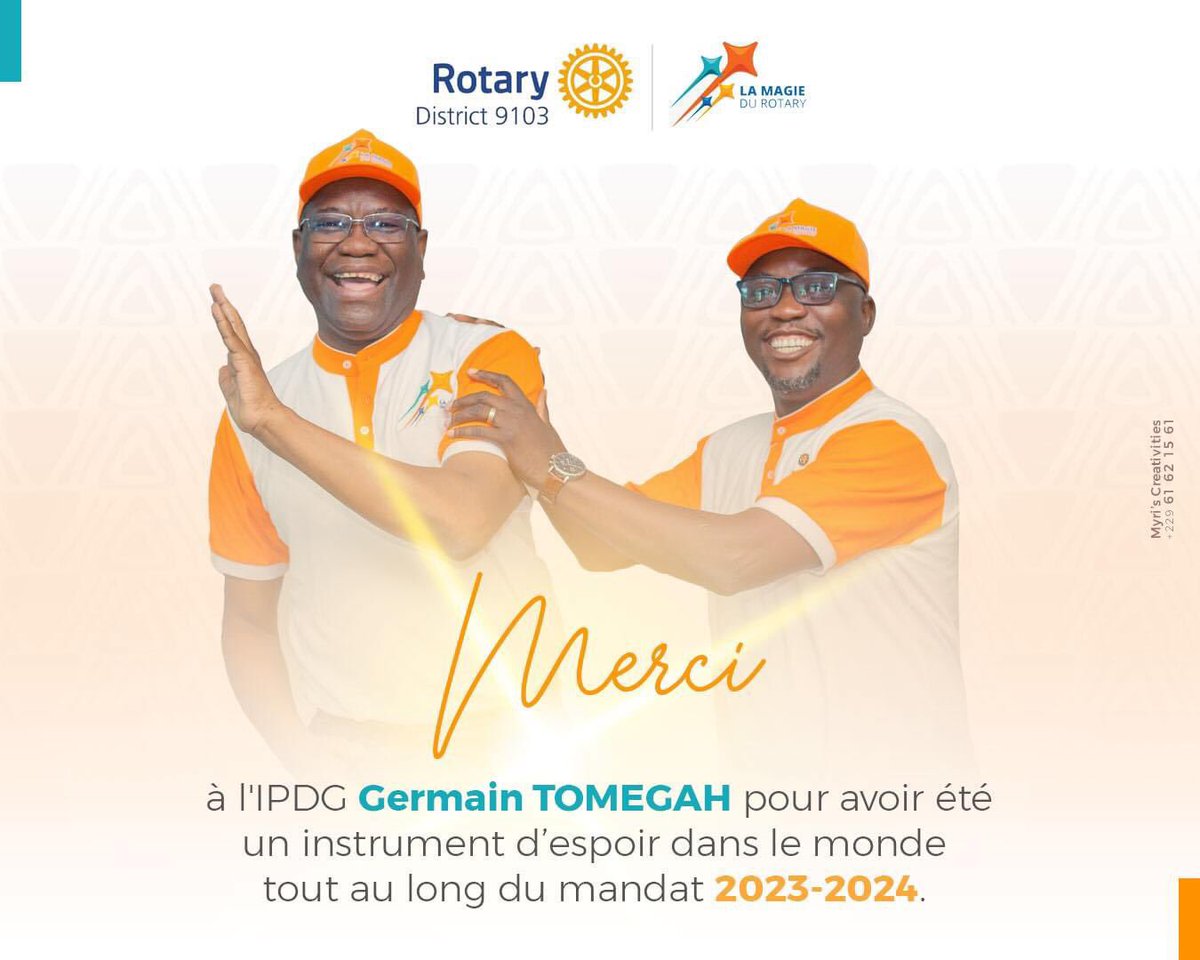 District9103's tweet photo. Une année rotarienne finit et une autre commence. 
C’est avec joie et abnégation que l’IPDG Germain TOMEGAH nous a conduit à créer l’espoir dans le monde durant le mandat 2023-2024.

Maintenant, place à la magie 🪄✨ https://t.co/eD6rNelkT4