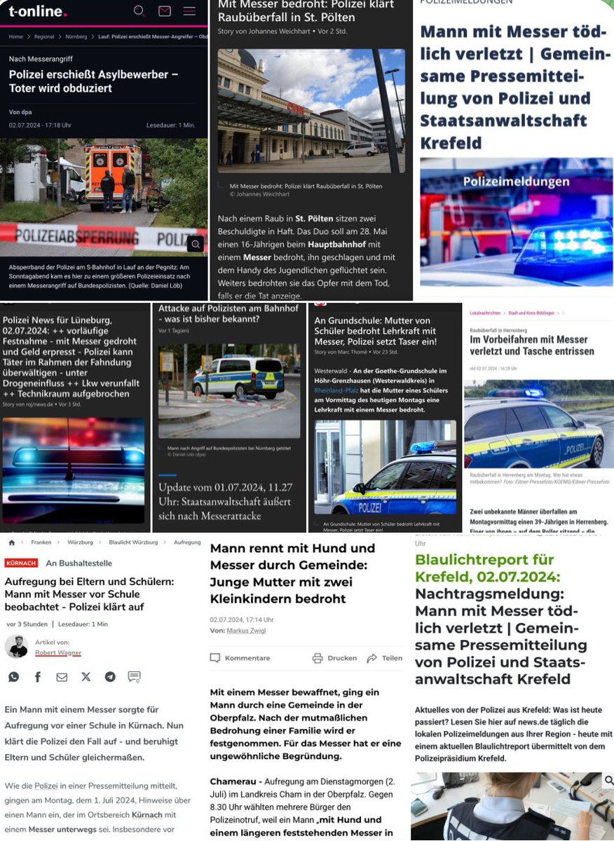 24 hours. 10 reports of knife attacks. The offenders: All migrants. 

This is Germany 2024 🇩🇪