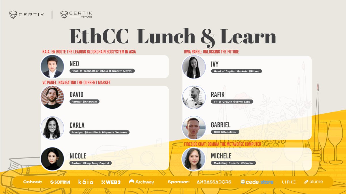 CertiK's tweet image. 🌟 Join CertiK Ventures for an unforgettable Lunch and Learn event during EthCC! 🌟

📍 Chic venue in Brussels, next door to the main EthCC venue.

Enjoy industry panels with insights from leaders across verticals and VCs, delicious dishes and drinks, refreshments throughout the