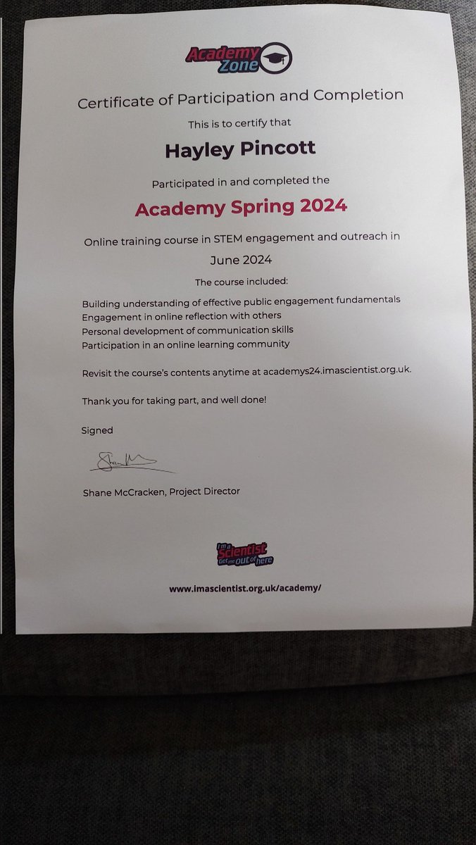 Hayley Pincott 💙💙💙 (@hayleypincott) on Twitter photo Bloody love a certificate. Thanks <a href="/imascientist/">I'm a Scientist Team</a> for letting take part in the Academy, I've definitely learnt a lot that I've already been putting into practice.
#EveryDaysASchoolDay Bloody love a certificate. Thanks <a href="/imascientist/">I'm a Scientist Team</a> for letting take part in the Academy, I've definitely learnt a lot that I've already been putting into practice.
#EveryDaysASchoolDay
