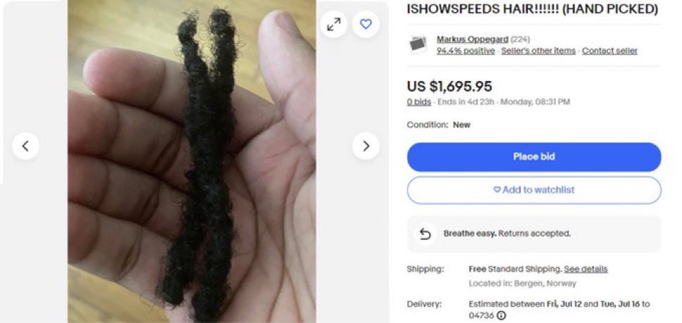 IShowSpeedHQ's tweet image. 🚨| NEW: Speed’s hair has been spotted on eBay for $1,700 after being pulled out of Speed’s head yesterday in Norway 🇳🇴