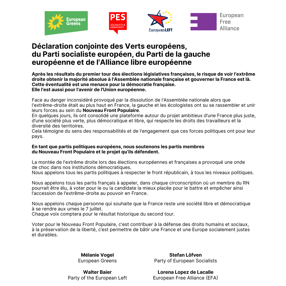 European Greens (@europeangreens) on Twitter photo 🇫🇷Les progressistes y compris <a href="/EELV/">Les Écologistes - EELV</a> se sont rassemblés pour créer le #NouveauFrontPopulaire et bloquer la montée de l’extrême droite.
🇪🇺 <a href="/europeangreens/">European Greens</a>, <a href="/PES_PSE/">PES 🌹🇪🇺</a>, <a href="/europeanleft/">European Left</a> & <a href="/EFAparty/">European Free Alliance</a> soutiennent ce mouvement pour défendre la démocratie française.
#legislatives2024 🇫🇷Les progressistes y compris <a href="/EELV/">Les Écologistes - EELV</a> se sont rassemblés pour créer le #NouveauFrontPopulaire et bloquer la montée de l’extrême droite.
🇪🇺 <a href="/europeangreens/">European Greens</a>, <a href="/PES_PSE/">PES 🌹🇪🇺</a>, <a href="/europeanleft/">European Left</a> & <a href="/EFAparty/">European Free Alliance</a> soutiennent ce mouvement pour défendre la démocratie française.
#legislatives2024
