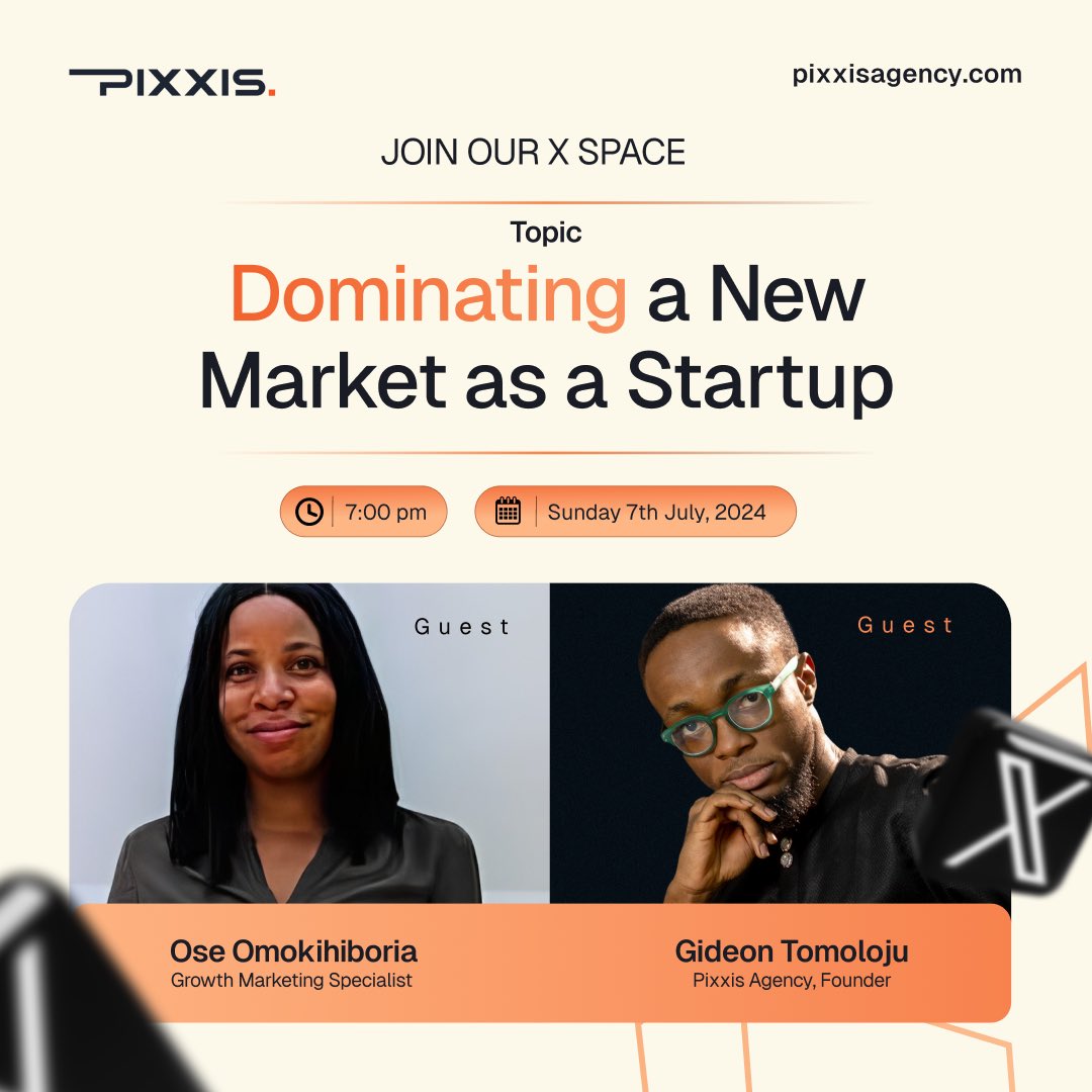 BrandWithPixxis's tweet photo. Join our founder, Gideon Tomoloju, and growth specialist, Ose Omokihiboria,for a value-packed discussion on how startups can dominate new markets.

📅 July 7th, 2024
🕖 7:00 PM WAT

Don't miss this chance to gain actionable insights and elevate your brand's success! 

https://t.co/VQi3XHf95c