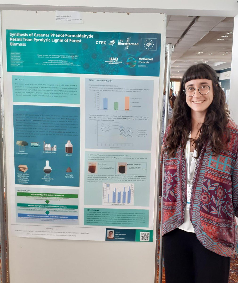 #swst2024
#LIFEBiorefformed researcher Estel Coloma (<a href="/ctforestal/">CTFC</a>) participates at the 2024 Annual Convention of <a href="/SocietyWood/">International Society of Wood Science & Technology</a> in 🇸🇮 presenting the poster "Synthesis of Greener Phenol-Formaldehyde Resins from Pyrolytic Lignin of Forest Biomass"