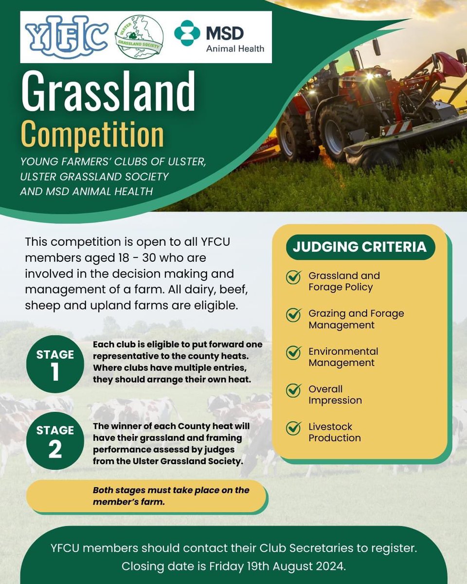 Young Farmers' Clubs of Ulster is delighted to offer a brand new competition in partnership with the Ulster Grassland Society.
Many thanks to MSD Animal Health for sponsoring this new competition.
Contact your club secretary to enter 🌱🐄🐑