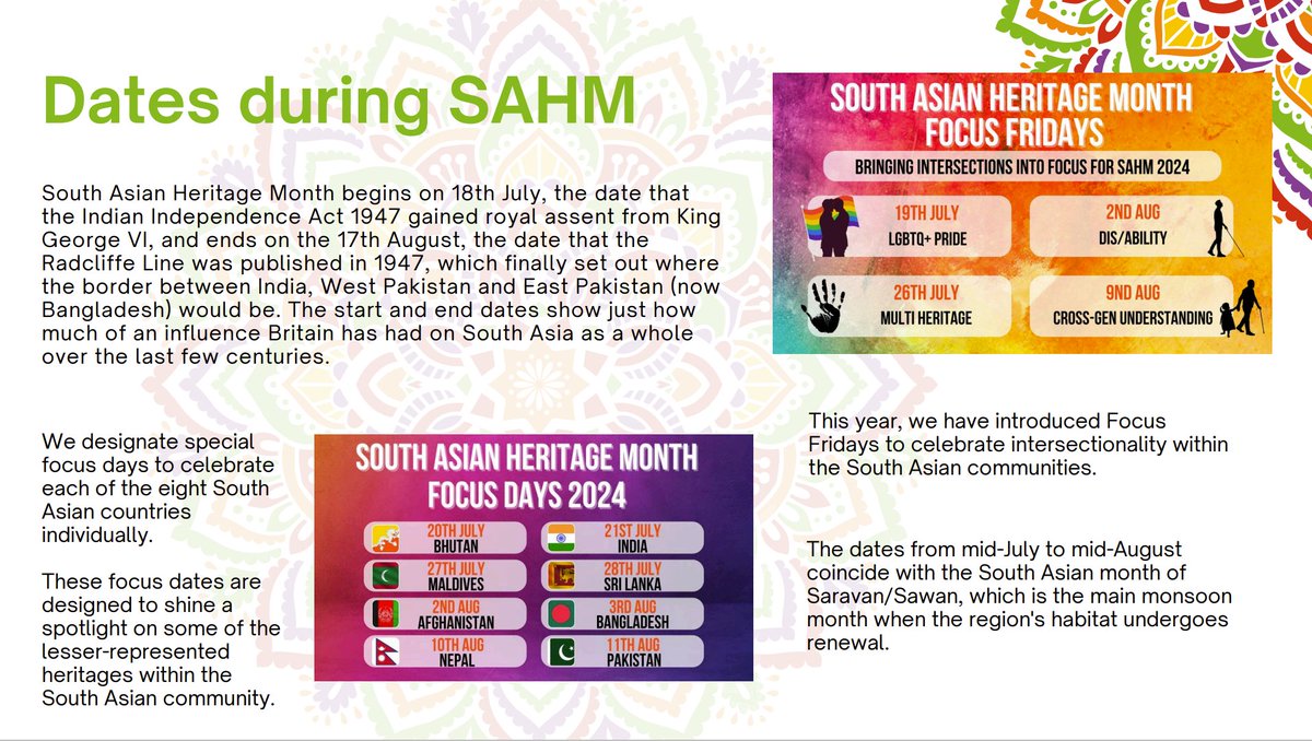 South Asian Heritage Month aims to celebrate, educate, &amp; commemorate South Asian heritage, promoting cultural understanding &amp; participation through diverse events, educational resources &amp; community engagement #SAHM