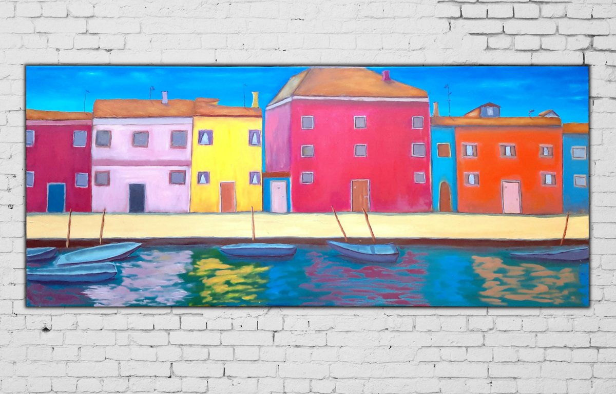 BBArtZone's tweet photo. **New Artwork Alert!**

Excited to share "Burano Reflections"! 🌟 This vibrant oil on canvas (55.1 x 23.6 in) captures the colorful charm of Burano's iconic houses and canals. Perfect for adding Venetian beauty to any space. 🎨🏠✨

#Impressionism #Burano #OilPainting #Art https://t.co/45Znvrmb77