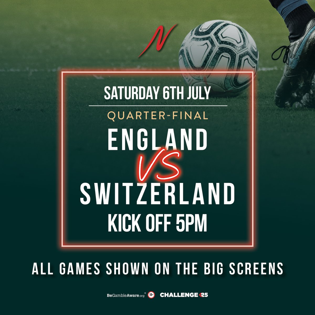 Match Day Alert 🚨 

It’s game time this Saturday as England takes on Switzerland ⚽ 

Watch the match live on Napoleons' big screens!