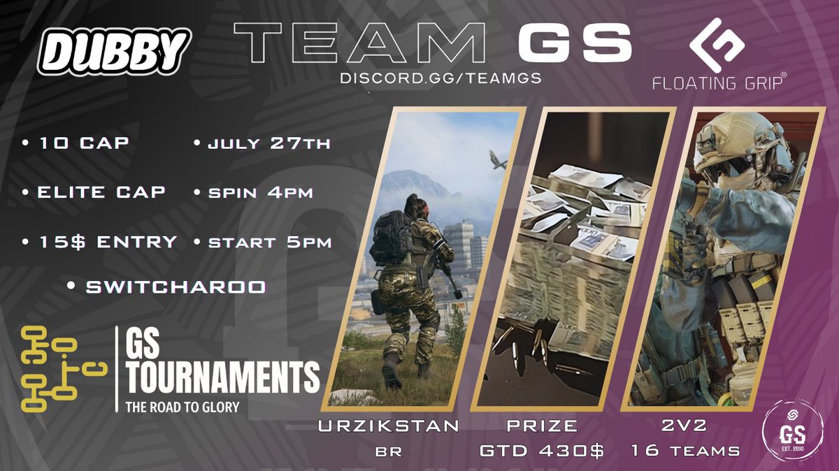 OfficialTeam_GS's tweet photo. Team GS x @Floatinggrip | Urzikstan 2v2 Switcharoo |

16 teams of 2 going head to head!

💰: 430$+ | Products from our friends over at Floating Grip!
🎟️: 15$
📅: July 27th
⏰: Spin 4pm BST | Start 5pm BST
🎡: One wheel | 10 cap / GS Elite cap

⬇️Comment for PayPal! ⬇️ https://t.co/0u65i80fW2