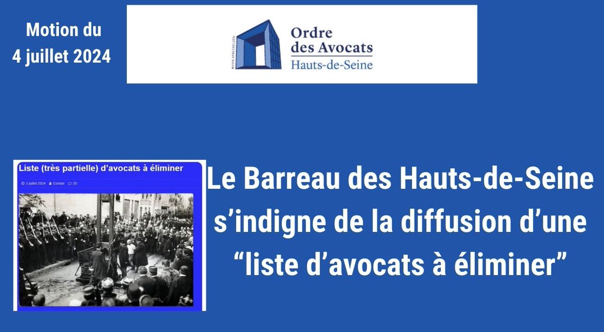 Barreau des Hauts-de-Seine (@barreau92) on Twitter photo ⚠ Motion du Conseil de l'Ordre de #Barreau92 du 4 juillet 2024⚠ #avocats
➢Apporte son soutien inconditionnel à nos Consoeurs et Confrères nommément cités.
<a href="/CLamanit/">Clanet dit Lamanit</a> <a href="/FabienArakelian/">ARAKELIAN Fabien</a>
<a href="/CNBarreaux/">Conseil national des barreaux - les avocats</a> <a href="/Conf_Batonniers/">ConférenceBâtonniers</a> <a href="/batonnierparis/">Bâtonnier de Paris</a> <a href="/Avocats_Paris/">Avocats de Paris</a>
matoque92.com/uploads/Motion… ⚠ Motion du Conseil de l'Ordre de #Barreau92 du 4 juillet 2024⚠ #avocats
➢Apporte son soutien inconditionnel à nos Consoeurs et Confrères nommément cités.
<a href="/CLamanit/">Clanet dit Lamanit</a> <a href="/FabienArakelian/">ARAKELIAN Fabien</a>
<a href="/CNBarreaux/">Conseil national des barreaux - les avocats</a> <a href="/Conf_Batonniers/">ConférenceBâtonniers</a> <a href="/batonnierparis/">Bâtonnier de Paris</a> <a href="/Avocats_Paris/">Avocats de Paris</a>
matoque92.com/uploads/Motion…