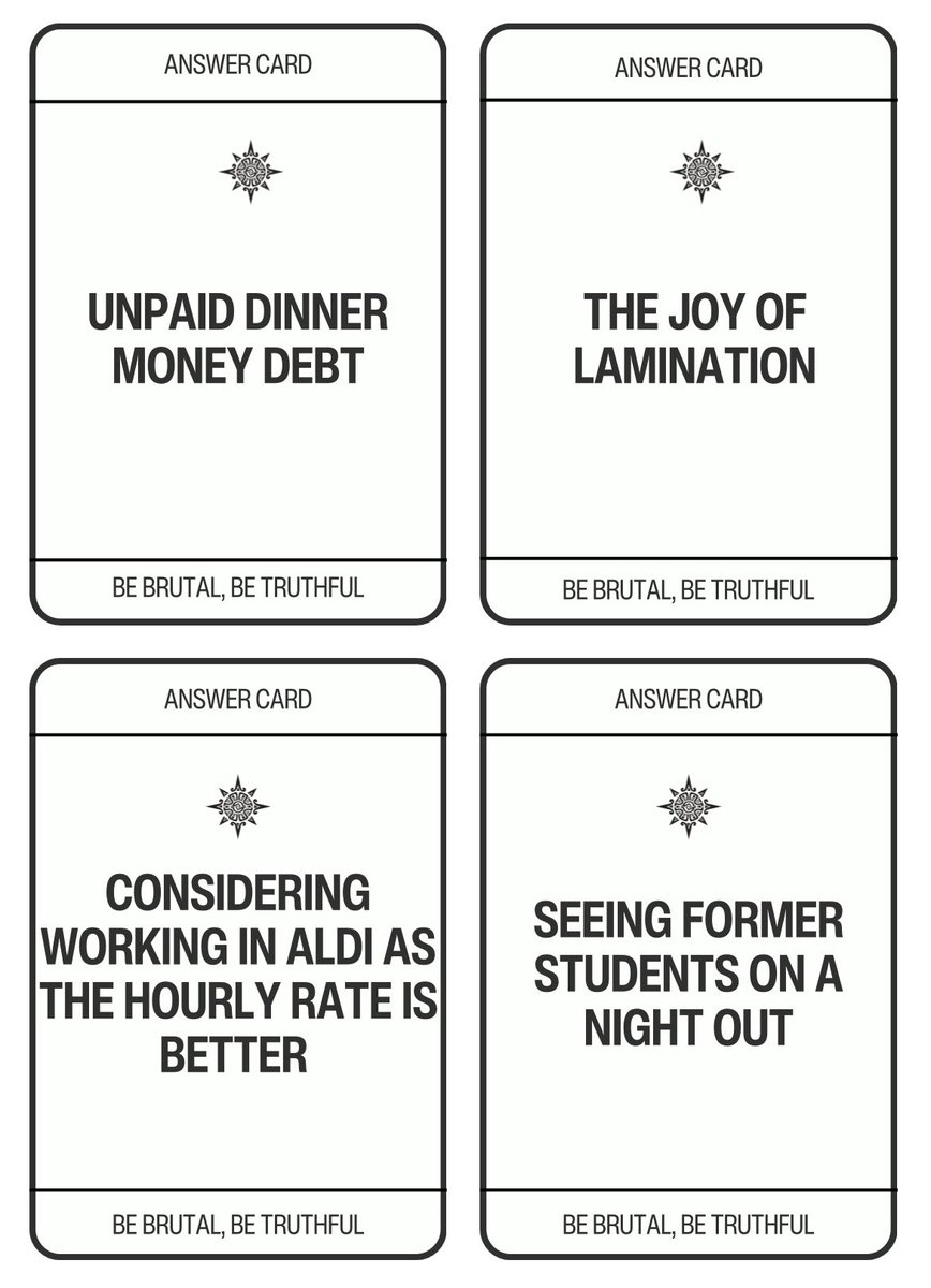 You might have played Cards Against Humanity  but what about ‘Cards Against Teaching’! 

I’ve made this game for our end of term staff meeting with over 120 cards, but it would also make the perfect inset day icebreaker for staff. 

Excited to play it with staff now!