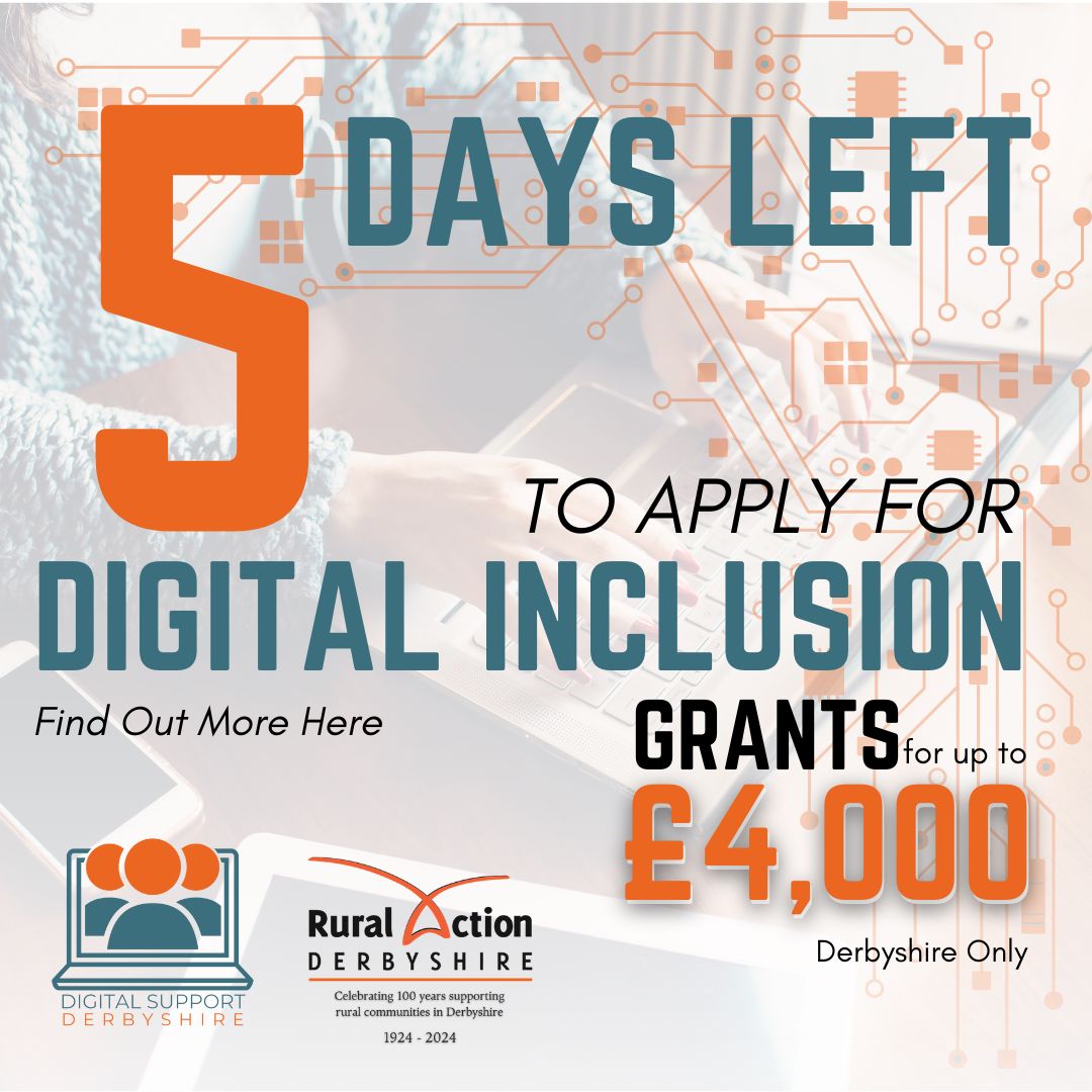 Only 5 days left to apply for Digital Inclusion Grants of up to £4,000! Apply via the online form on our website. Non-members can contact us to sign up.

For more info, visit: ruralactionderbyshire.org.uk/digital...

#DigitalInclusion #Derbyshire #CommunitySupport