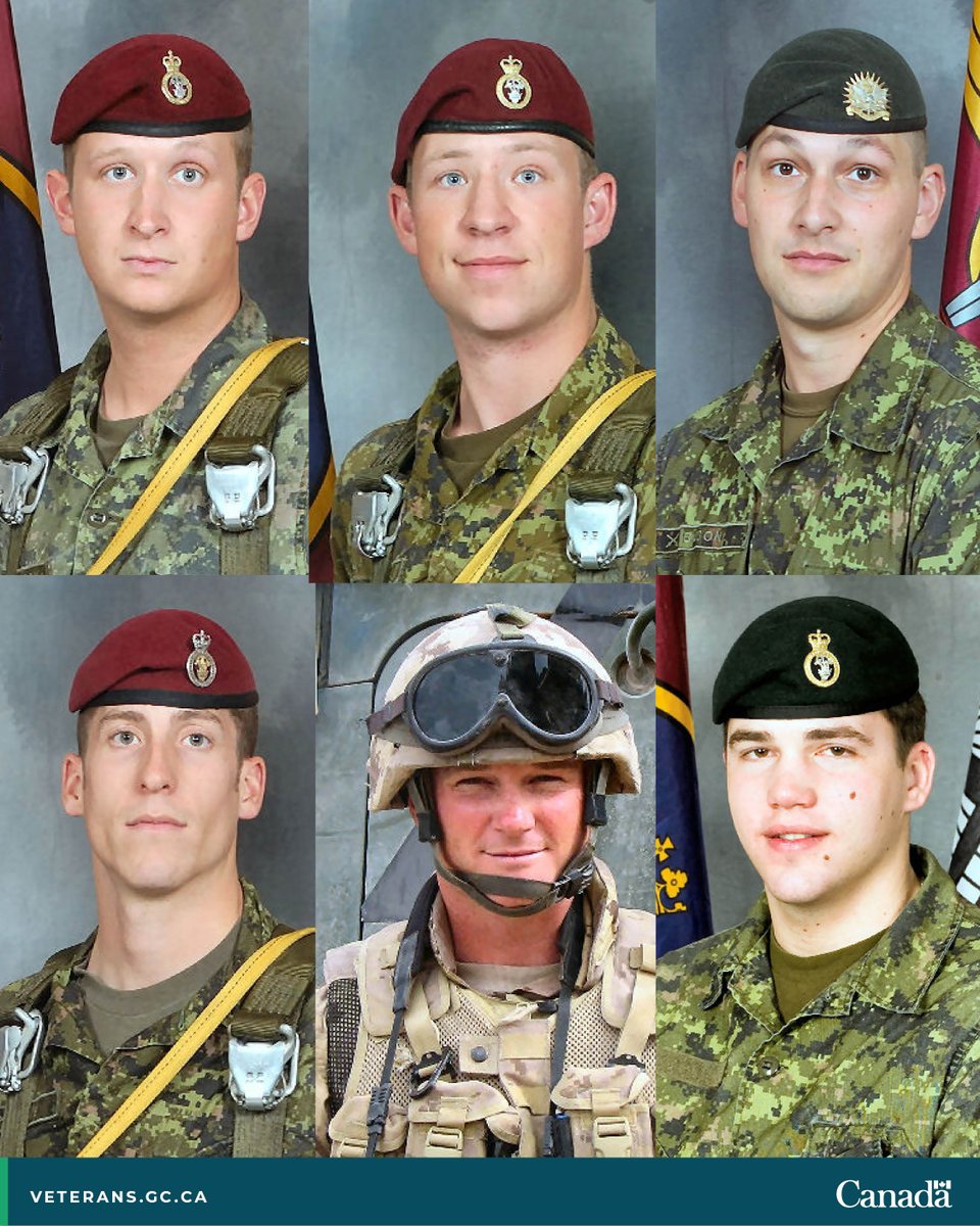 17 years ago, six <a href="/CanadianForces/">Canadian Armed Forces</a> soldiers died in service in Afghanistan’s Kandahar Province.  

They were: Corporal Jordan Anderson, Corporal Cole Bartsch, Master Corporal Colin Bason, Captain Matthew Dawe, Captain Jefferson Francis and Private Lane Watkins.  

#CanadaRemembers