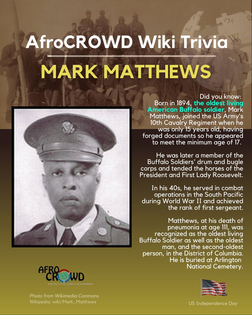 afroCROWDit's tweet photo. #WikiTrivia: At age 111, Mark Matthews was the oldest living American #BuffaloSoldier. How old was he when he joined the #army? Answer in the comments if you know it, or check out his #AfroCROWDWikiTrivia card here.
More from the Wikimedia community on his #Wikipedia page: https://t.co/P10TKAlm87
****
Did you know: Born in 1894, the oldest living American Buffalo Soldier, Mark Matthews, joined the US Armyโs 10th Cavalry Regiment when he was only 15 years old, having forged documents so he appeared to meet the minimum age of 17. He was later a member of the Buffalo Soldiers' drum and bugle corps and tended the horses of the President and First Lady Roosevelt.
In his 40s, he served in combat operations in the South Pacific during #WorldWarII and achieved the rank of first sergeant.
Matthews, at his death of pneumonia at age 111, was recognized as the #oldest living Buffalo Soldier as well as the oldest man, and the second-oldest person, in the District of Columbia.
His life spanned three centuries as Matthews was born in 1894, and died in 2005. He is buried at #ArlingtonNationalCemetery.
#July4th #FourthOfJuly #IndependenceDay #USA #USIndependence #Wikipedia @Wikipedia #Wikimedia @Wikimedia
#WikiTrivia answer: 15