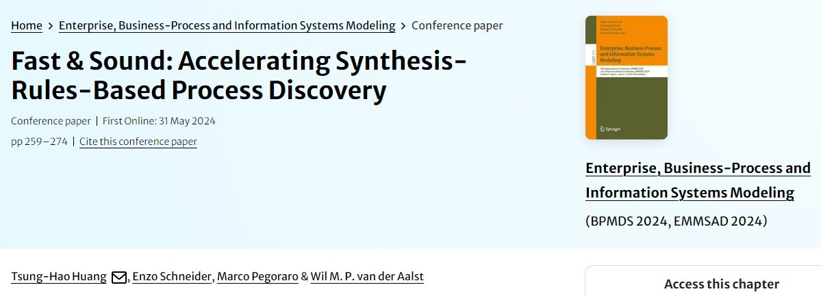 New paper at the <a href="/EMMSADconf/">EMMSAD</a>: "Fast &amp; Sound: Accelerating Synthesis-Rules-Based Process Discovery".

An efficient way to discover non-block structured models with desirable properties. 

With Tsung-Hao Huang, Enzo Schneider and <a href="/wvdaalst/">Wil van der Aalst</a>.

At doi.org/10.1007/978-3-…