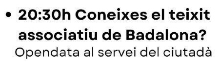Coneixes el teixit associatiu de #Badalona? 🤔

T'esperem dissabte 6/7 a les 20:30h a l'amfiteatre de pl Trafalgar amb José Enrique Sánchez <a href="/ProjEntBdn/">Projecte: entitats Badalona</a> per experimentar #opendata fet pels i al servei dels ciutadans, actualitzant i fent accessible la informació de les entitats🗺️