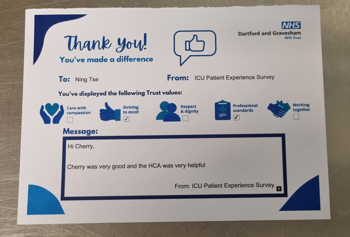 MrsWong15's tweet photo. Received this little card at work today 🩵☺️✨️ #ICU #ITU #UK #PatientExperienceSurvey #strivingtoexcel #nurse #NHS #intensivecare #criticalcare #professionalstandard #patientcare #holisticcare https://t.co/Fejz8qN8xM