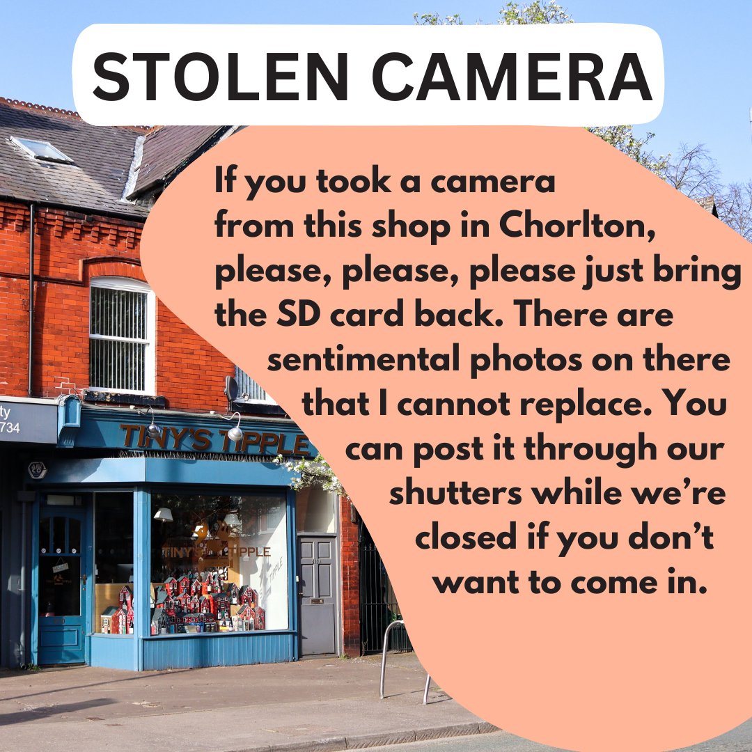 Please share 🙏 

The camera is a Canon EOS250D with a "pancake lens" on it. It will have lots of pictures of bottles of wine on there, but there are important, sentimental pictures too.

It was taken from Tiny's Tipple 510 Wilbraham Rd Chorlton 0161 882 0005